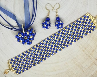 Parure lapis lazulit, parure de bijoux en perles, parure de bijoux fait main, parure bleu-or, pendentif, boucles d'oreilles, bracelet