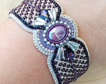 Purple silver lacy embroidered cuff, beaded bracelet