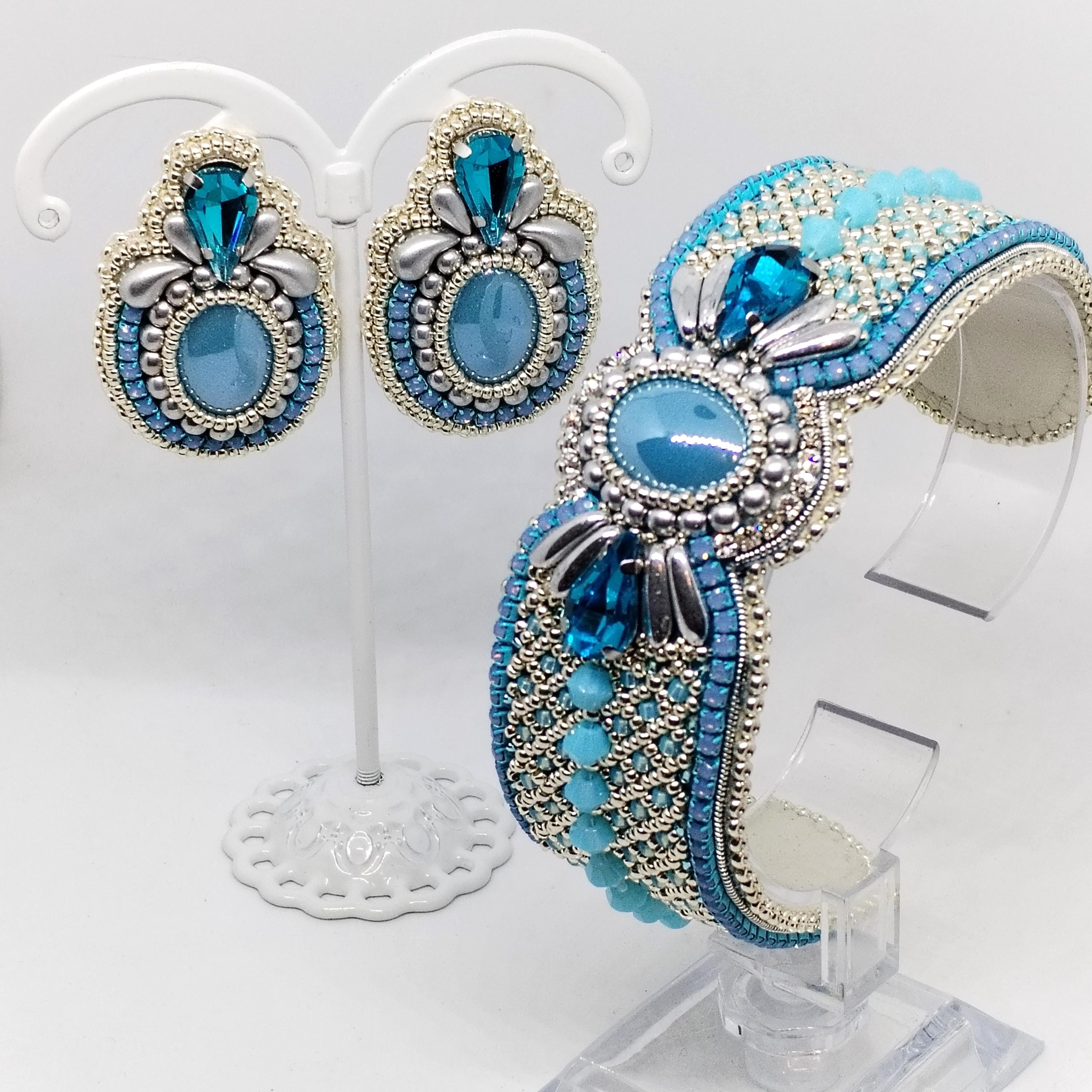 DIY-KIT Lacy cuff and earrings bead embroidery kit, bead embroidery tutorial and materials.
