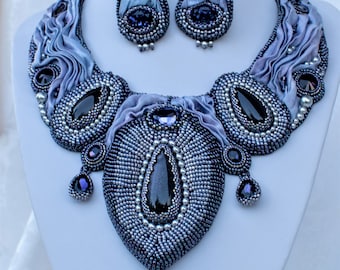 Midnight Princess - beadembroidery neckpiece and earrings set, jewellery set, blaufluss stone and shibory  silk ribbon, handmade jewellery