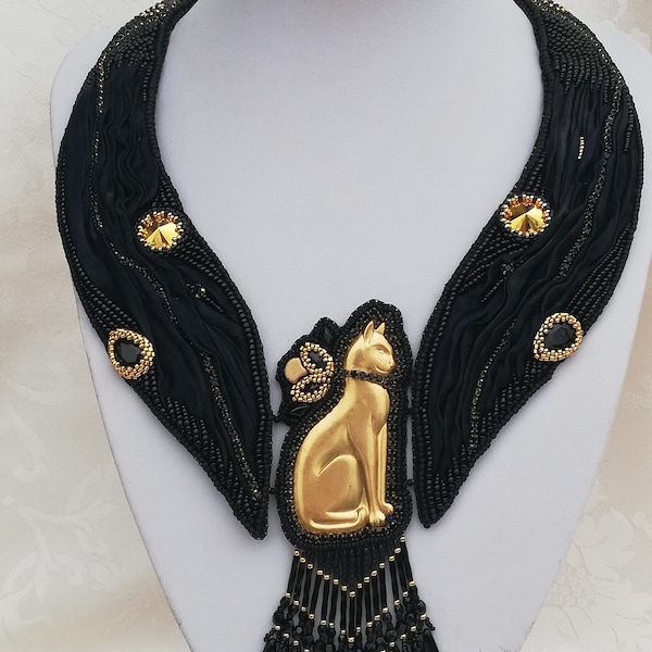 Chat Noir statement neckpiece, Shibori necklace, beadembroidery necklace, black-gold beaded jewellery