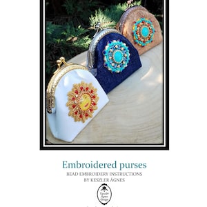 May include: Three small coin purses with metal kiss-lock clasps, featuring intricate bead embroidery. The white purse displays a sun face, the blue purse has a turquoise floral motif, and the tan purse features a multi-colored beaded medallion.