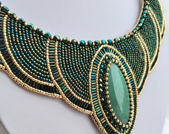 Forest princess beadembroidery neckpiece, Aventurine stone neckpiece, beadmebroidery, OOAK handmade jewellery