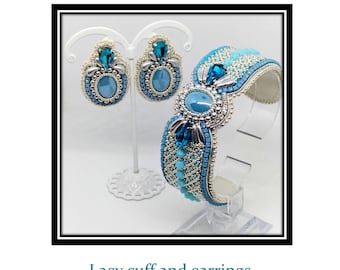 DIY-TUTORIAL Lacy cuff and earrings bead embroidery Tutorial, Lacy Bracelet Design, Porcelain Cabochon and crystal jewelry set, beading pdf