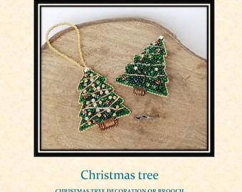May include: Two beaded Christmas tree ornaments, one hanging and one laying on a wooden surface. Both ornaments are green with gold accents and feature a variety of beads.