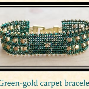 May include: A green and gold beaded bracelet with a geometric pattern. The bracelet is made with small, faceted beads and has a clasp closure.