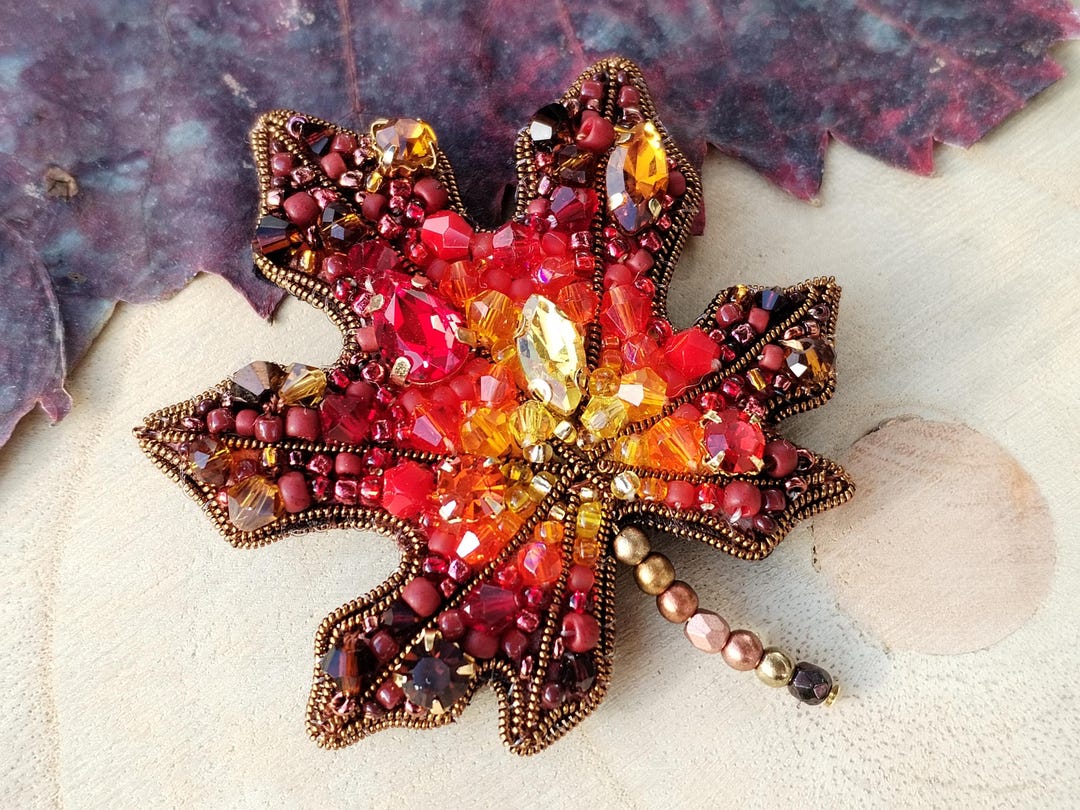 DIY-KIT Autumn Maple Leaf Brooch Beading Kit, Sparkling Bead Embroidery ...