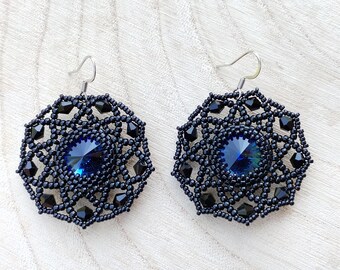 DIY-KIT beaded earrings, Crystal Tondo earrings KIT and tutorial, black-deepblue round earrings