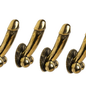 May include: Four brass-colored decorative hooks, each shaped like a stylized phallus. The hooks are mounted on round, ornate backplates with a floral design. The hooks are arranged in a row against a white background.