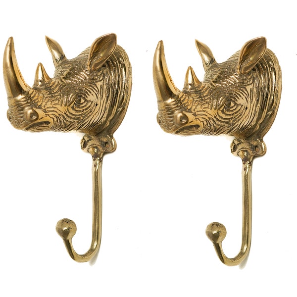 2 Pcs Rhino Hook Brass 6 Inch / 15 cm, Zoo Animal Coat Hooks, Rhinoceros Head Wall Hook, Wall Art, Cadeau d’anniversaire, Cadeau pour elle, Cadeau pour lui