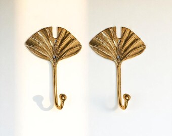 Solid Brass Leaf Hook Hangers, Bronze Wall Decor (2 Pcs)