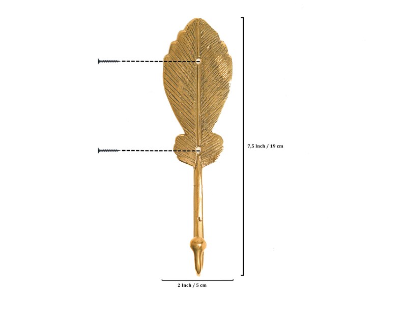 May include: Gold leaf-shaped wall hook with a 7.5 inch / 19 cm length and a 2 inch / 5 cm width.