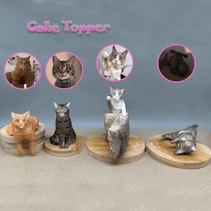 May include: A collection of cat-themed cake toppers. The toppers include various cat figurines in different poses, such as sitting, standing, and lying down. The text "Cake Topper" is displayed above the figurines.
