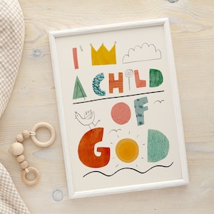 Ich bin ein Kind Gottes, Christliches Kinderzimmer Wandkunst druckbar, Taufillustration für Kinder,
