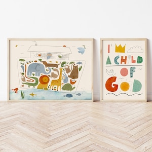 Set of 2 Christian Nursery Wall Art, Printable Illustration I am a Child of God, Noah&#39;s Ark, Baptism illustration for Kids, INSTANT DOWNLOAD