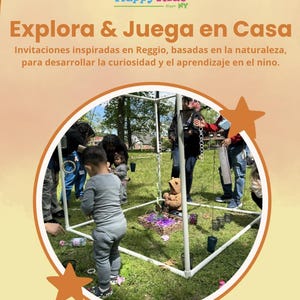 May include: An orange and white graphic with the text "Happy Kids" and "Explora & Juega en Casa". The image shows children playing in a white frame structure on a grassy area. Text at the bottom reads "Escrito por Ruth Estrada, Especialista en Educación Infantil."
