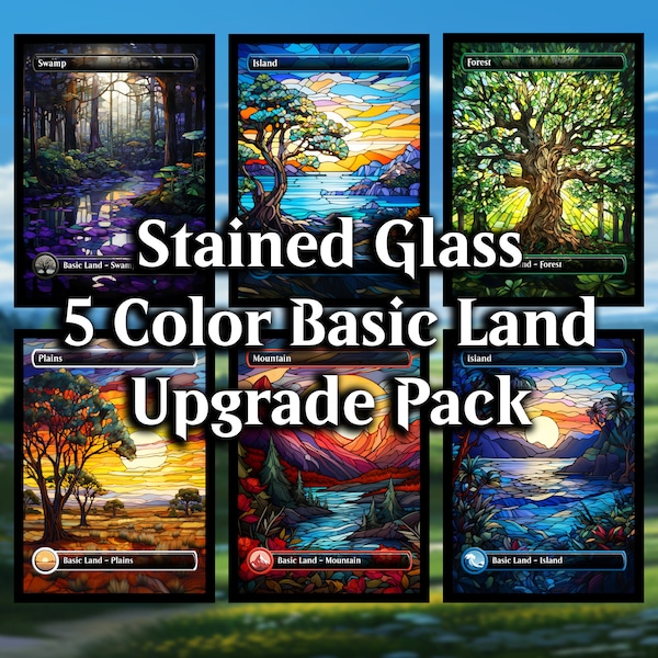 Stained Glass 5 Color Basic Land Pack - 55 Custom Basic Lands for Commander