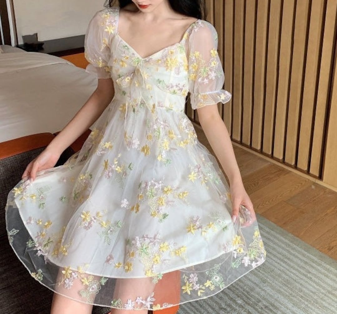 Floral Fairy Puff Sleeve Elegant Dress Summer Chiffon Dress for Women ...