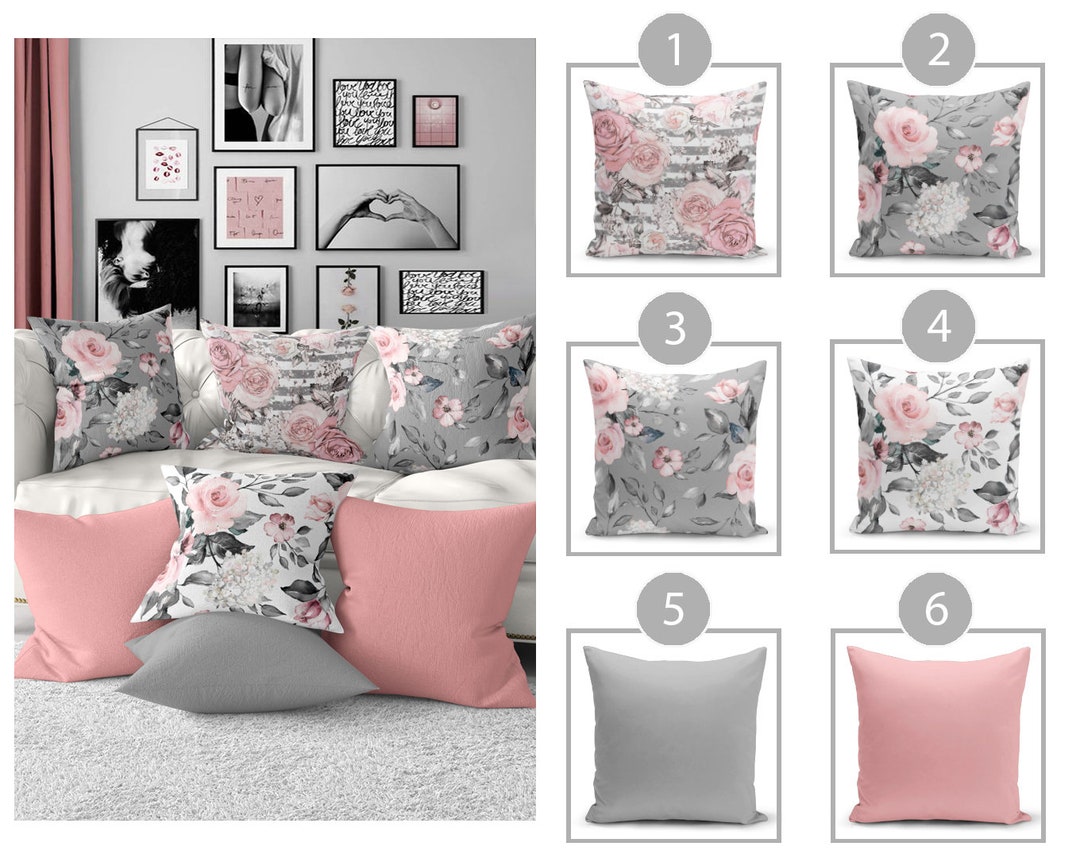 Pink and Grey Throw Pillows With Graceful Rose Patterns, Decorative Cushion Covers, Living Room