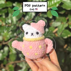 Crochet pattern cat in a teapot, PDF (english US),  amigurumi pattern, kawaii crochet pattern, crochet cat