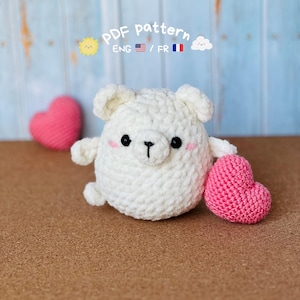 Modèle au crochet ours polaire pour la Saint-Valentin, motif au crochet ours polaire en peluche, motif Amigurumi, motif au crochet pour la Saint-Valentin, PDF (anglais et français)