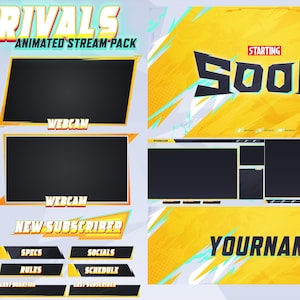 May include: A digital animated stream pack with a yellow and blue color scheme. The pack includes webcam frames, a "Starting Soon" screen, and other elements with text like "New Subscriber", "Specs", "Socials", "Rules", "Schedule", and "Yourname".