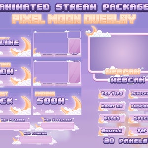 Puede incluir: Paquete de transmisión de Twitch animado con un tema de luna y nubes pixeladas. El paquete incluye una pantalla fuera de línea, una pantalla de inicio pronto, una pantalla de regreso pronto, una pantalla de finalización pronto, un marco de cámara web y 30 paneles para consejos principales, sobre mí, reglas, redes sociales, suscribirse, Discord, especificaciones y propina.