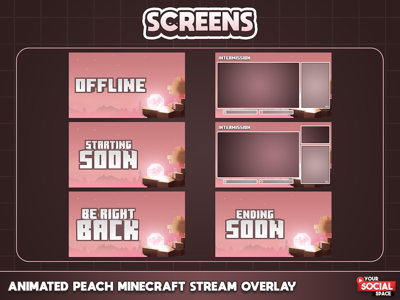 ANIMATED Minecraft Twitch Overlay Pack Minecraft PEACH Package