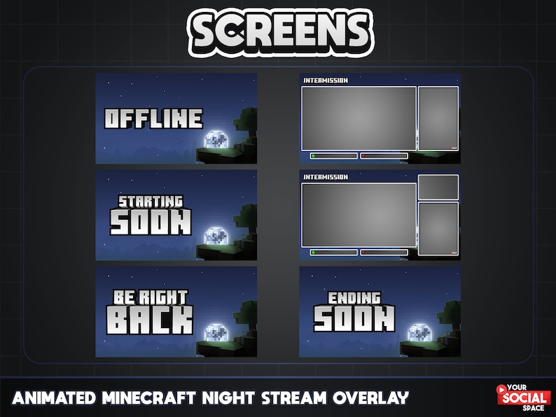 ANIMATED Minecraft Twitch Overlay Pack Minecraft Night Package