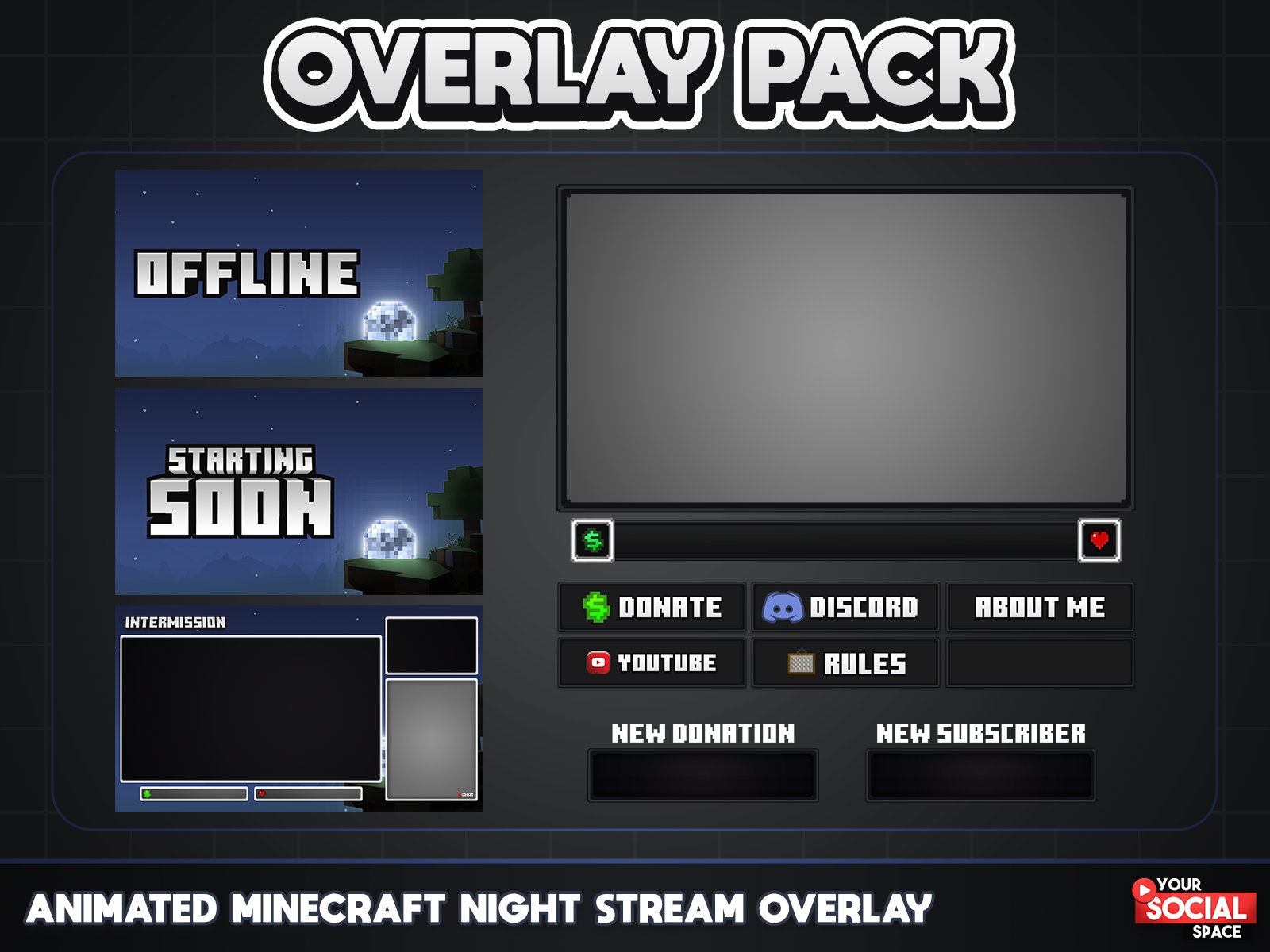 ANIMATED Minecraft Twitch Overlay Pack | Minecraft Night Package ...