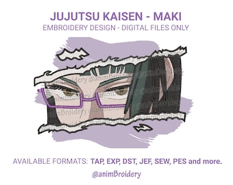 Può includere: Design per ricamo di Maki da Jujutsu Kaisen. Il design mostra i suoi occhi e occhiali, con il testo "JUJUTSU KAISEN - MAKI" e "EMBROIDERY DESIGN - DIGITAL FILES ONLY". Disponibile in vari formati digitali.