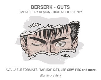 Può includere: Un design di ricamo digitale di Guts dalla serie anime Berserk. Il design presenta il viso di Guts con un occhio chiuso e l'altro aperto, con un effetto di carta strappata attorno ai bordi. Il design è disponibile in più formati, tra cui TAP, EXP, DST, JEF, SEW, PES, e altro ancora.