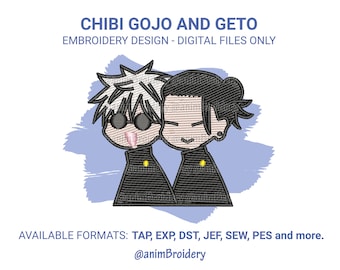 May include: Embroidered design of two anime characters, Gojo and Geto, in chibi style. They are wearing black school uniforms with yellow buttons. The background is a light blue gradient. The text "CHIBI GOJO AND GETO" and "EMBROIDERY DESIGN - DIGITAL FILES ONLY" is at the top of the image. The text "AVAILABLE FORMATS: TAP, EXP, DST, JEF, SEW, PES and more." and "@animBroidery" is at the bottom of the image.