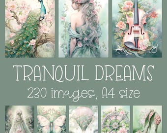 Green Romantic Digital Junk Journal Pages: Sage Crafts, Vintage Wall Art, Ephemera Scrapbooking