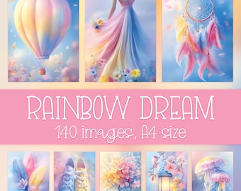 Rainbow Digital Prints: Printable Wall Art & Junk Journal Pages, Covers, Girly Pastel Crafts