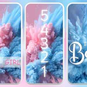 May include: Three phone screens with a pink and blue cloud-like background. The first screen says "BOY or GIRL". The second screen has the numbers 1 through 5. The third screen says "IT'S A Boy".