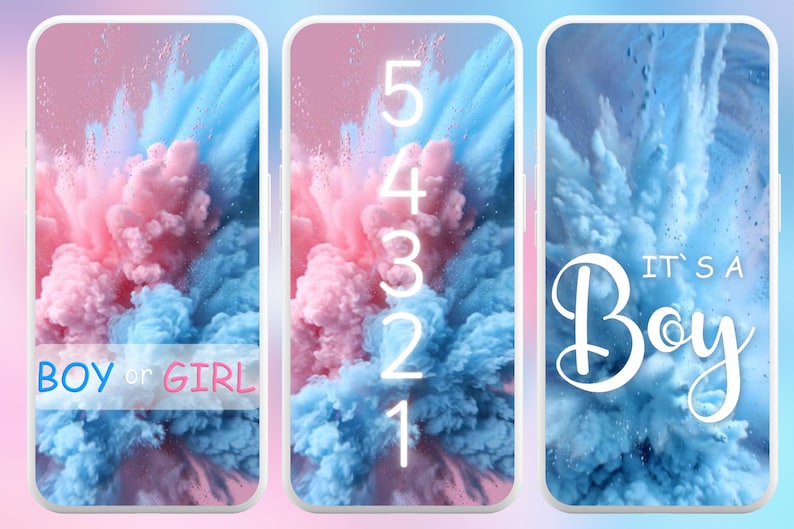 May include: Three phone screens with a pink and blue cloud-like background. The first screen says "BOY or GIRL". The second screen has the numbers 1 through 5. The third screen says "IT'S A Boy".