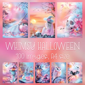 Papiers numériques fantaisistes d'Halloween pour cartes, scrapbooking, art du journal indésirable, sorcière fantasmagorique maison hantée citrouille effrayante, impression pastel rose