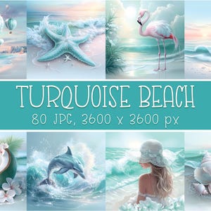Könnte beinhalten: Eine digitale Kunstsammlung mit dem Titel "Türkisstrand" mit acht ruhigen Strandszenen. Die Bilder zeigen Elemente wie Heißluftballons, Seesterne, einen Flamingo, ein Segelboot, eine Kokosnuss, einen Delfin, eine Frau und Muscheln. Der Text "TURQUOISE BEACH" wird angezeigt.