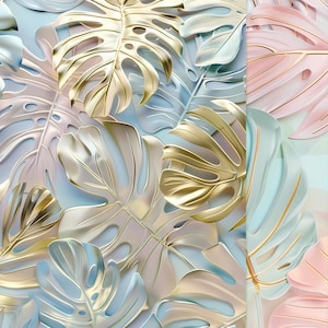 Papéis digitais imprimíveis com folhas tropicais em tons pastel e dourados, fundos com padrões luxuosos para papéis de parede, sublimação, cartões para uso comercial