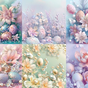 May include: A collage of six images featuring pastel colored Easter eggs decorated with pearls and flowers. Each image features a different floral arrangement, including lilies, roses, and other delicate blooms.