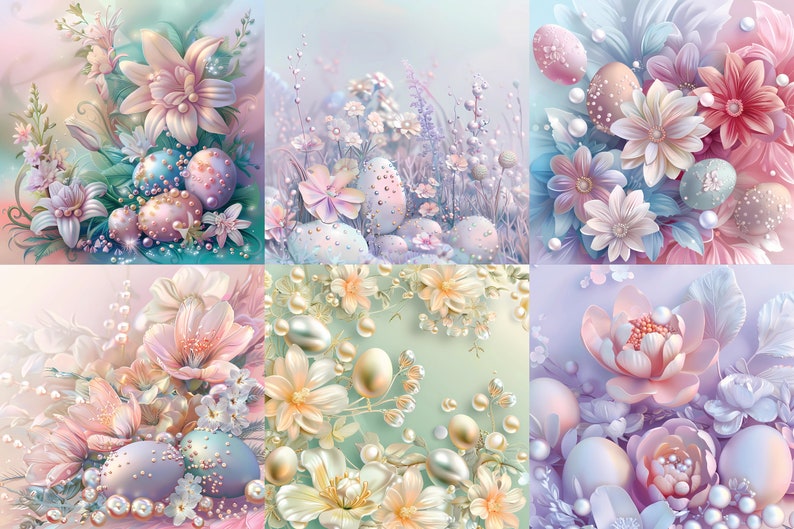 May include: A collage of six images featuring pastel colored Easter eggs decorated with pearls and flowers. Each image features a different floral arrangement, including lilies, roses, and other delicate blooms.