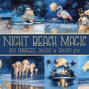 Night Beach Digital Papers Pack, afdrukbare achtergrondbundel, vintage kortstondige plakboeken, verguld goud marineblauw luxe handwerk, zomerkaarten