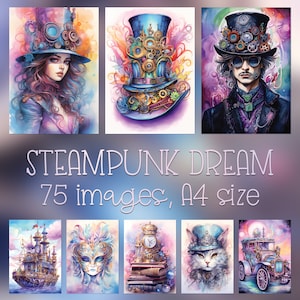 Aquarel kleurrijke steampunk achtergrond afdrukbare digitale papieren voor album, junk journal, poster, print, kaart, plakboekpapier, knutselen enz.