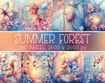 Summer Forest Digital Paper Bundle: Whimsical Scrapbook Art (100 JPG)