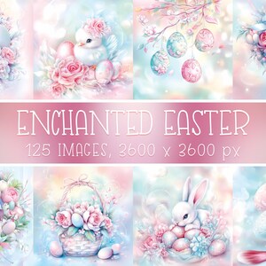 Lot de papier numérique enchanté pour Pâques I Lapin mignon, Oeufs de Pâques, Couronne de fleurs, Fleurs de printemps I Bleu rose pastel délicat I Usage commercial