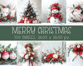 White Red Green Christmas Digital Papers for Winter Greeting Cards, Crafts, Scrapbooking