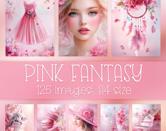 Pink Fantasy Digital Art Prints: Wall Decor, Junk Journal Pages (Instant Download, 125 JPGs)