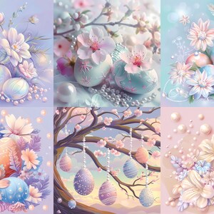 May include: A collage of six images featuring pastel colored Easter eggs decorated with pearl accents and surrounded by delicate flowers. The eggs are displayed in various settings, including a floral arrangement, a tree branch, and a pearl-strewn surface.