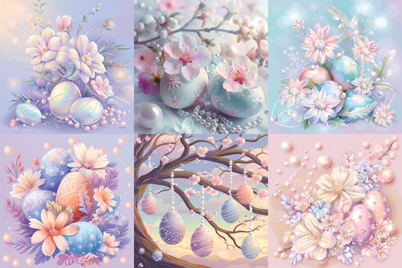 May include: A collage of six images featuring pastel colored Easter eggs decorated with pearl accents and surrounded by delicate flowers. The eggs are displayed in various settings, including a floral arrangement, a tree branch, and a pearl-strewn surface.